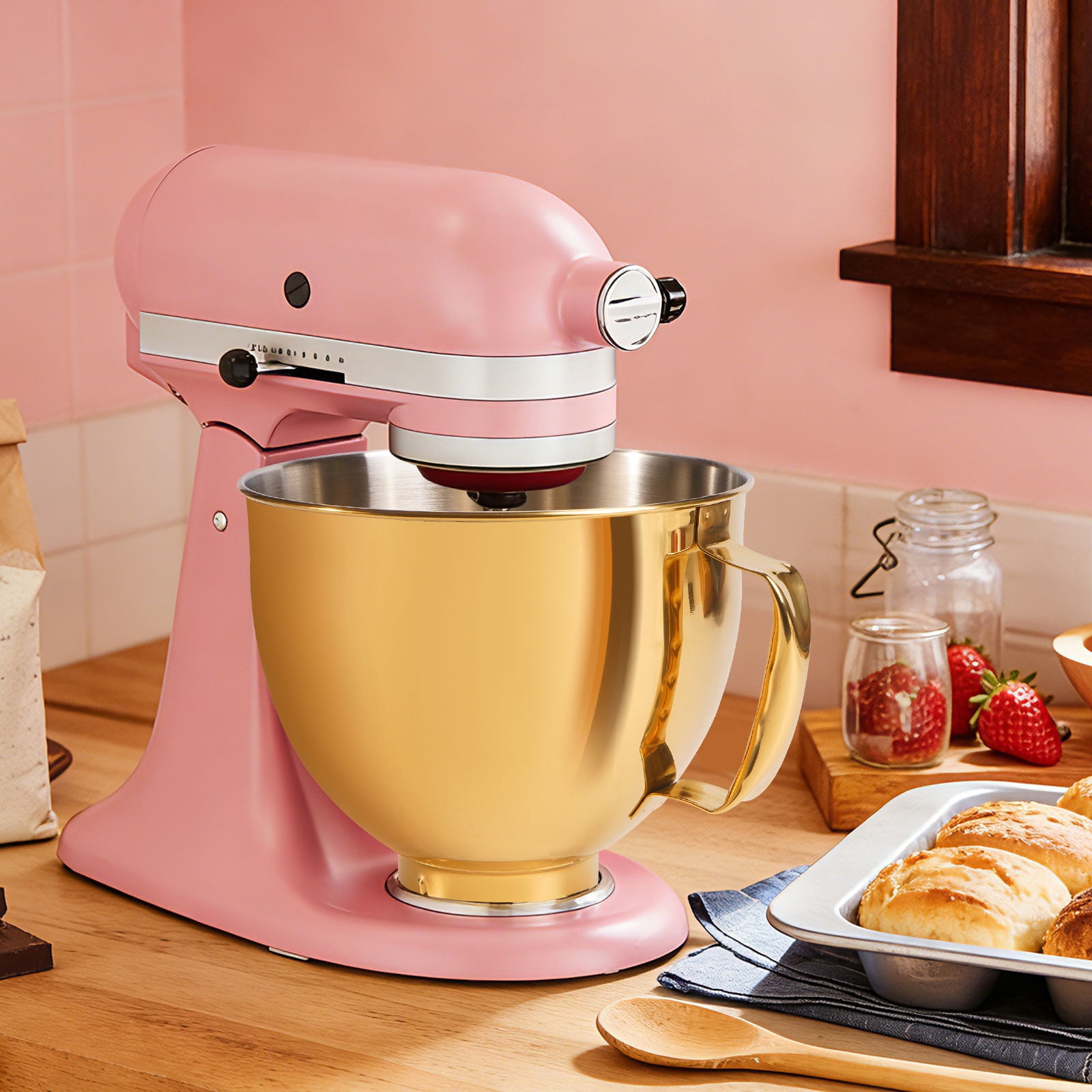 Uscover 5 Quart Metallic Finish 304 Stainless Steel Bowl for KitchenAid 4.5/5QT Tilt-Head Stand Mixer, Dishwasher Safe(Gold Color)
