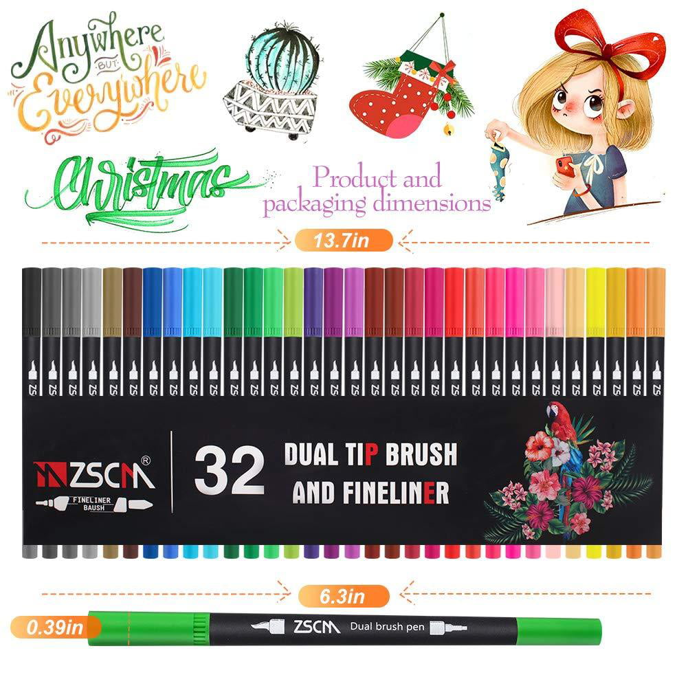 ZSCM 32 Colors Duo Tip Brush Markers Art Pen Set, Artist Fine and Brush Tip  Colored Pens, for Adult Coloring Books Christmas Cards Drawing, Note