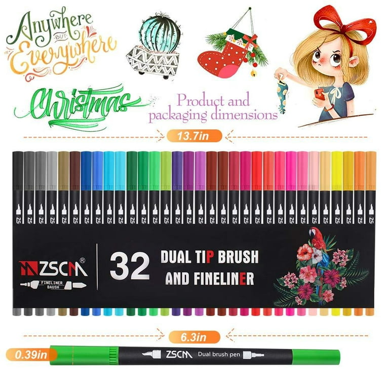 ZSCM 32 Colors Duo Tip Brush Art Markers Set, Gifts for Mother, Artist Fine  and Brush Tip Colored Pens, for Kids Adult Coloring Books, Bullet