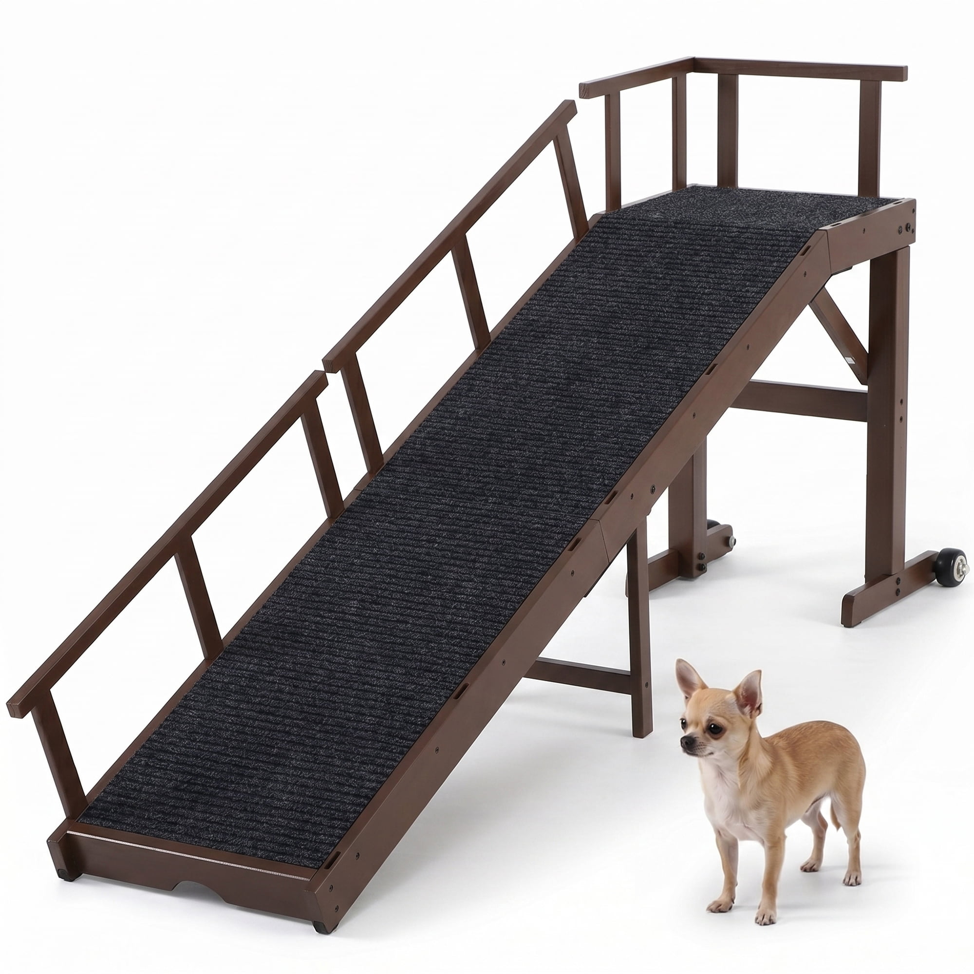 Dog Ramp for High Bed, 65", Brown | Fixed Height, Removable Side Rails, Top Platform & Wheels, Wooden Safety Pet Ramp, For Large/Senior Dogs, Up to 200 LBS