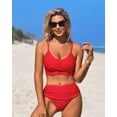 thumbnail image 5 of Alove Solid Color Swimwear Curved Selvedge High Waisted Bikini Set Women Ruched Push Up 2 Piece Swimsuits Longline Bathing Suit, 5 of 7