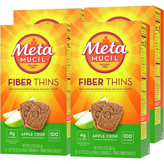 Fiber Thins, Daily Psyllium Husk Fiber Supplement, Supports Digestive Health and Satisfies Hunger, Apple Crisp Flavor, 12 Count (Pack of 4)