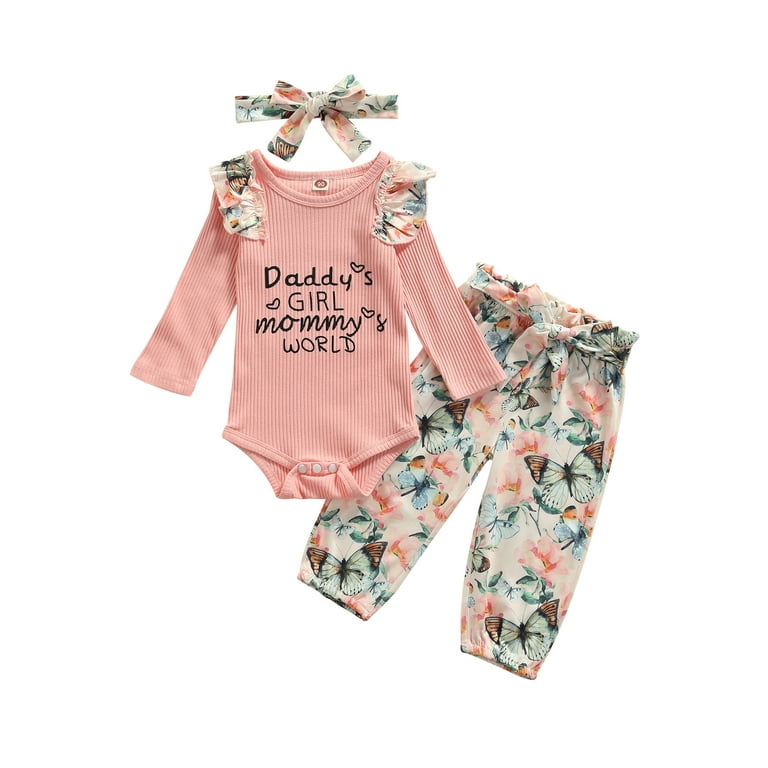 Sunisery 3Pcs Newborn Baby Girl Clothes Ruffle Long Sleeve Romper  Bodysuit+Floral Pants+Headband Fall Winter Outfits Pink 9-12 Months