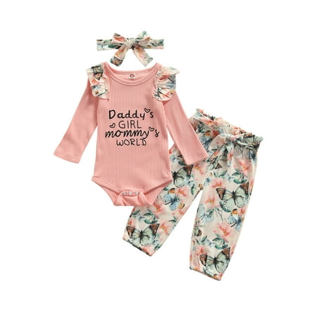 

Bagilaanoe 3Pcs Newborn Baby Girl Long Pants Set Floral Print Long Sleeve Romper Tops + Floral Trousers + Headband 3M 6M 9M 12M 18M Infant Casual Outfits