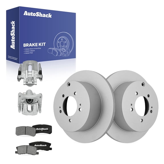 AutoShack Rear Solid Coated Brake Rotors   Ceramic Pads   Calipers 8-PC Brake Kit Replacement for 2009-2011 Mitsubishi Outlander ArmorStop 11.89" (302 mm)