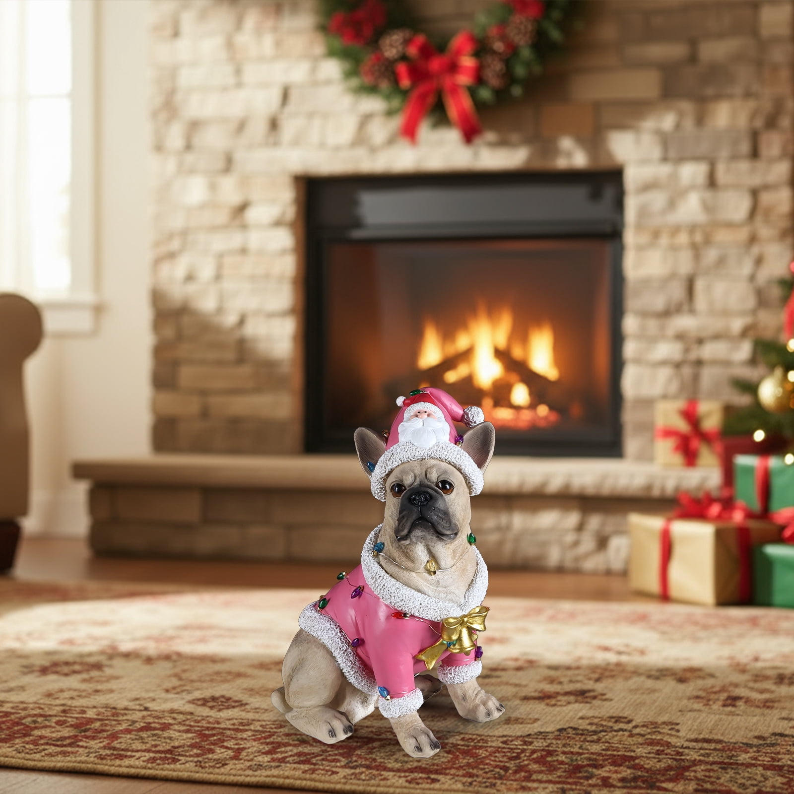 French Bulldog Pink Santa Outfit Christmas Dog Statue with Gold Bow Holiday Tabletop Decor