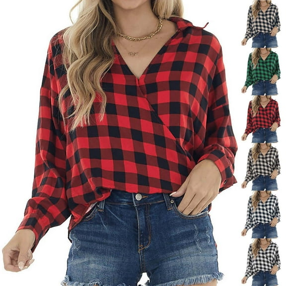 UVEASISHA Plaid Tops for Women Lapel V Neck Long Sleeve Shirts Cotton Casual Business Work Shirt Dressy Trendy Going Out Blouses Christmas Gifts Green L