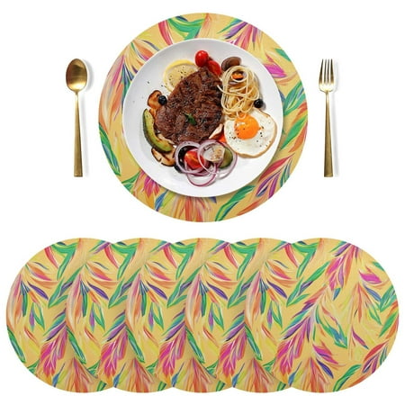 

Round Placemats Plate Mats 15 Inch Non-Slip Heat Resistant Washable PVC Set Table Decoration for Kitchen Dining Brightly Colored Feathers