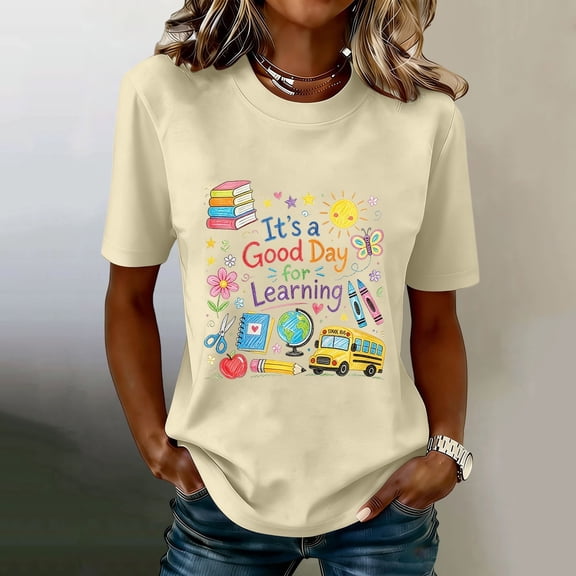 Women's Graphic Short Sleeve Teacher T-Shirt Butter T Shirt Teach Tshirt Cute Teacher Life Shirts Special Education Tee Inspirational Tops Beige,L