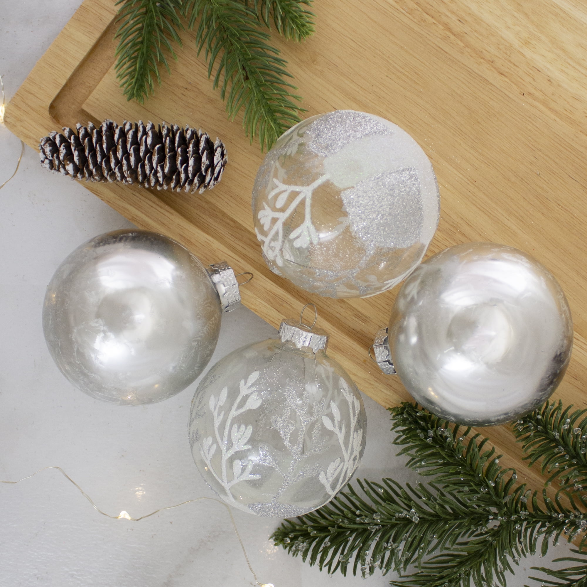 4ct Silver and Clear Glass 2-Finish Christmas Ball Ornaments 3.25-Inch (80mm)