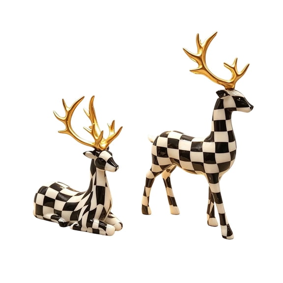 2Pcs Small Black and White Grid Deer Figurines, Christmas Reindeer Decor for Tabletop Centerpiece, Mantel, Fireplace, Living Room, and Bedroom Holiday Display