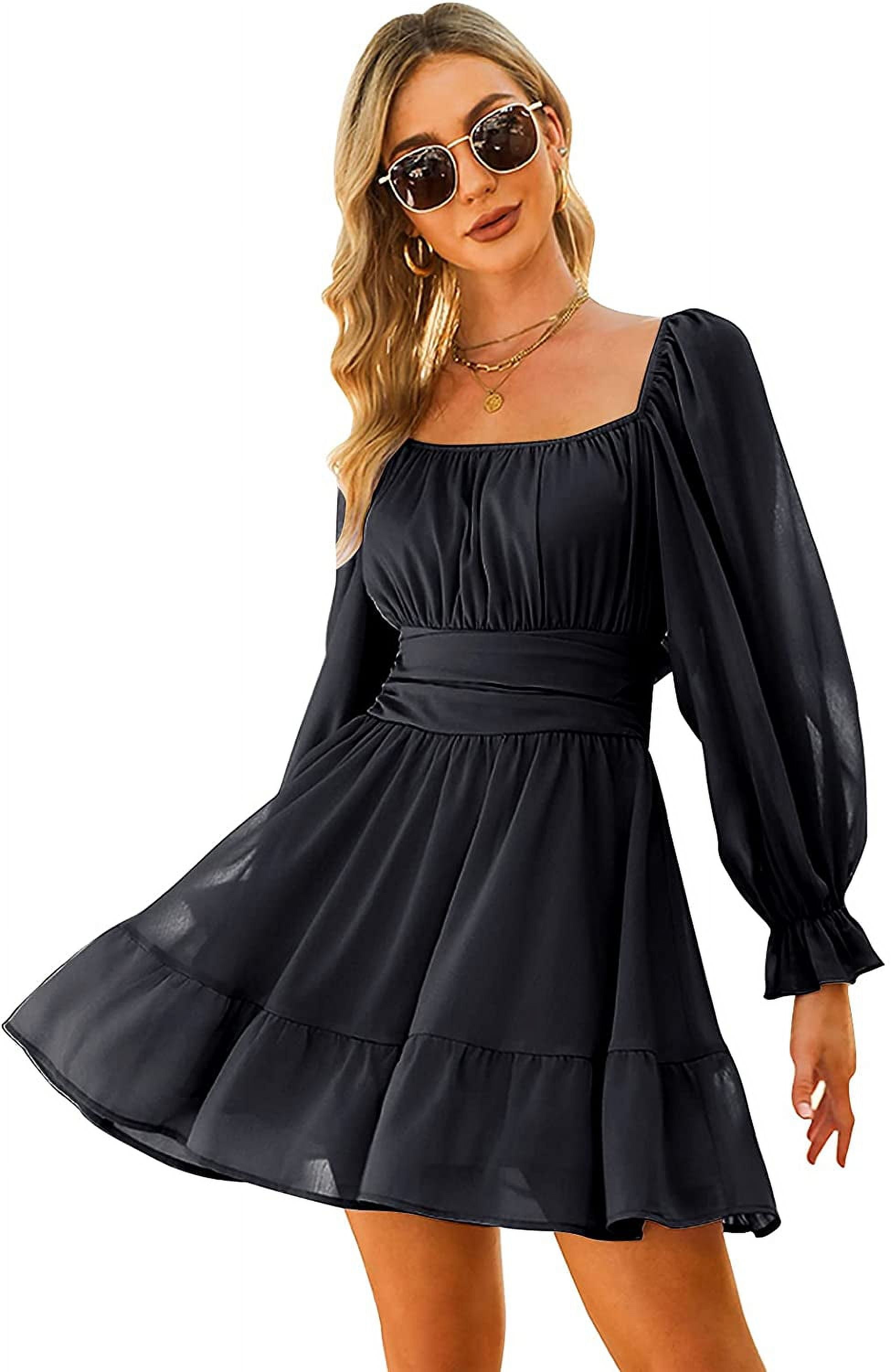 新品 VALLAN Tag-Sleeve U-Neck Mini Long Exlura Women Tie Back Long Lantern Sleeve Square Neck Ruffle