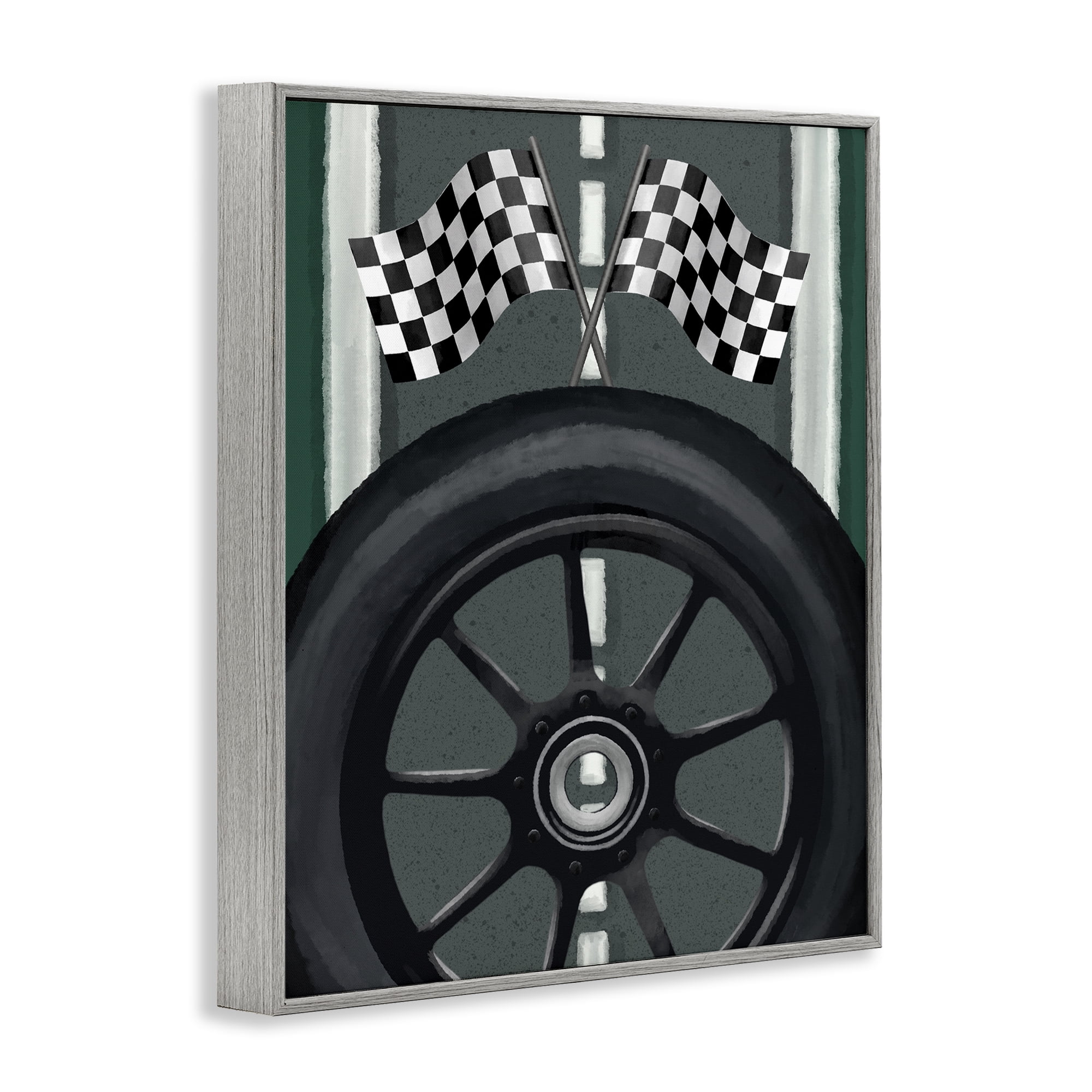 Stupell Industries Racetrack Flags & Tire Gray Framed Giclee Art, design by Jennifer Stith
