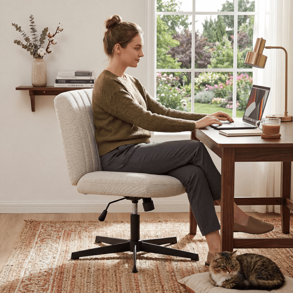 Armless Criss Cross Legged Office Chair, Desk Chair No Wheels, Fabric, Beige