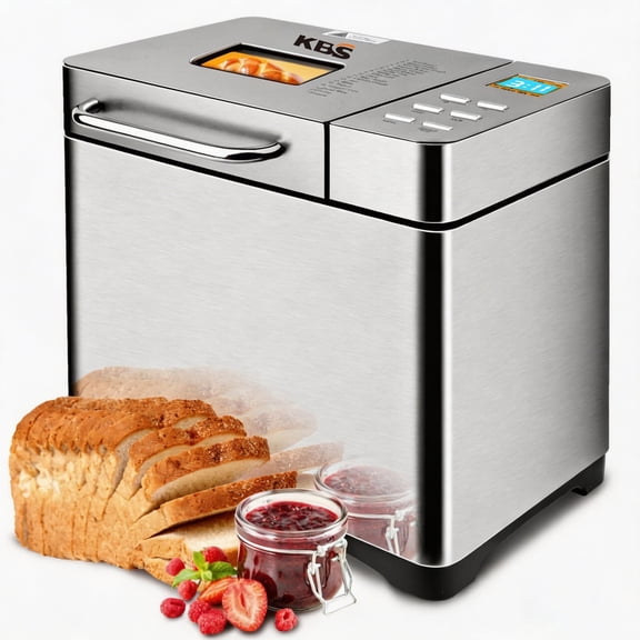 KBS 19-in-1 2LB Bread Maker Machine 3 Loaf Sizes Fully Automatic LCD Display 3 Crust Colors Nut Dispenser 15H Delay Timer & Keep-Warm Stainless Steel