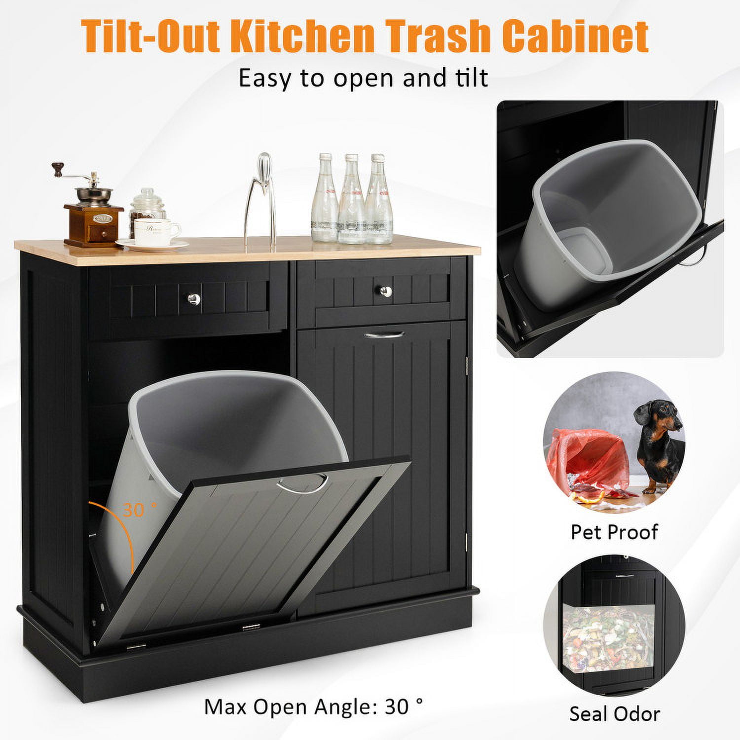 Finihen Kitchen Storage Cabinet, Buffet Sideboard, Rubber Wood Kitchen Trash Cabinet with Single Trash Can Holder and Adjustable Shelf, for Dining Room, Kitchen, Living Room, Black Finihen Kitchen Storage Cabinet, Buffet Sideboard, Rubber Wood Kitchen Trash Cabinet with Single Trash Can Holder and Adjustable Shelf, for Dining Room, Kitchen, Living Room, Black