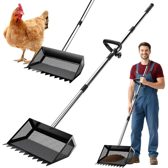 ZALALOVA Chicken Poop Scooper, 2-in-1 Metal Chicken Coop Rake With Adjustable Stainless Steel Handle,Cleaning Tools for Chicken Coops & Farm Animals Scoop