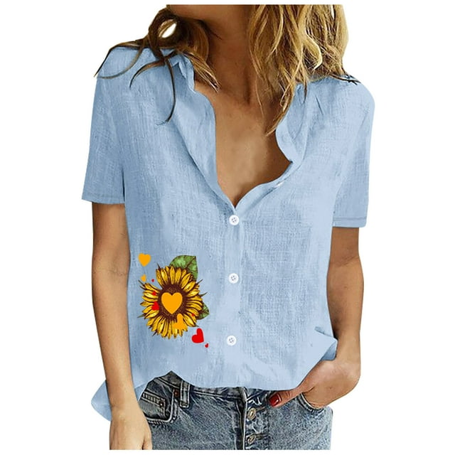 Birdeem Chemise à Manches Courtes Imprimée pour Femmes, Col Rabattu, Boutons, Blouse Ample Unie