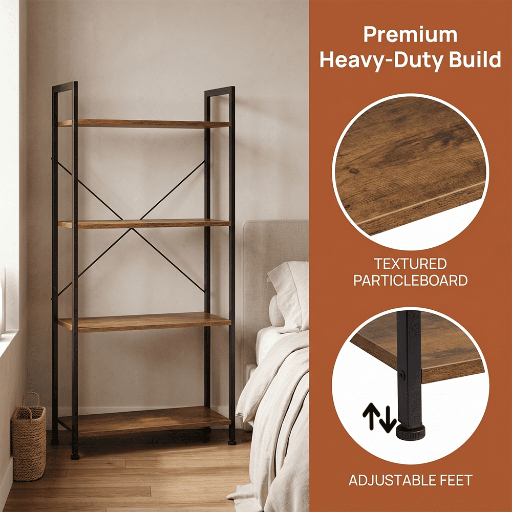 YEEZEE 4-Tier Bookshelf, Industrial Open Shelving Unit, Modern Tall Bookcase Ideal For Bedrooms, Living Rooms, And Home Offices Rustic Brown