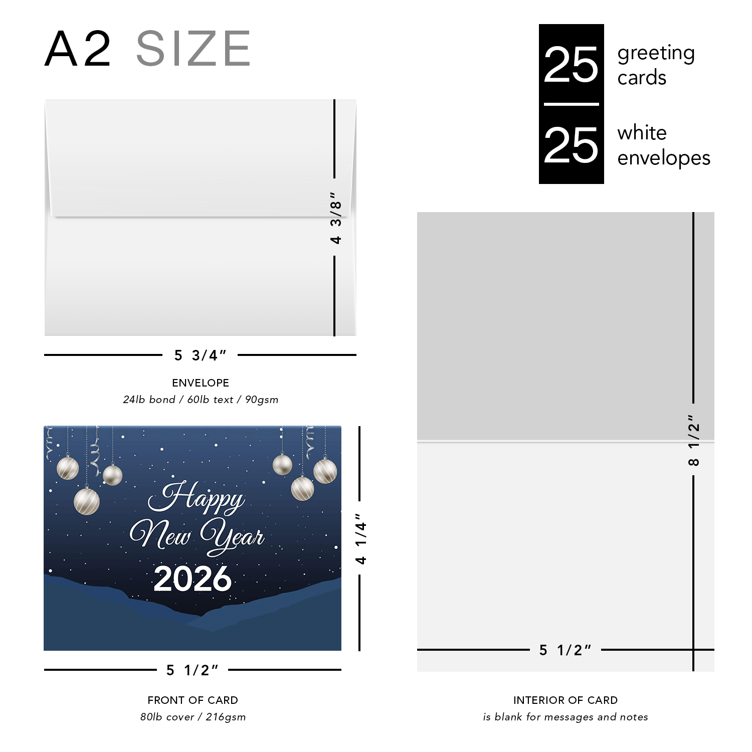 2026 Happy New Year Cards & Envelopes | Elegant Christmas, Holidays, Xmas, New Year's Eve Blue Thank You Invitation Greeting Cards Set – 25 Half Fold Cards & A2 Envelopes | 4.25 x 5.5" (A2 Size)