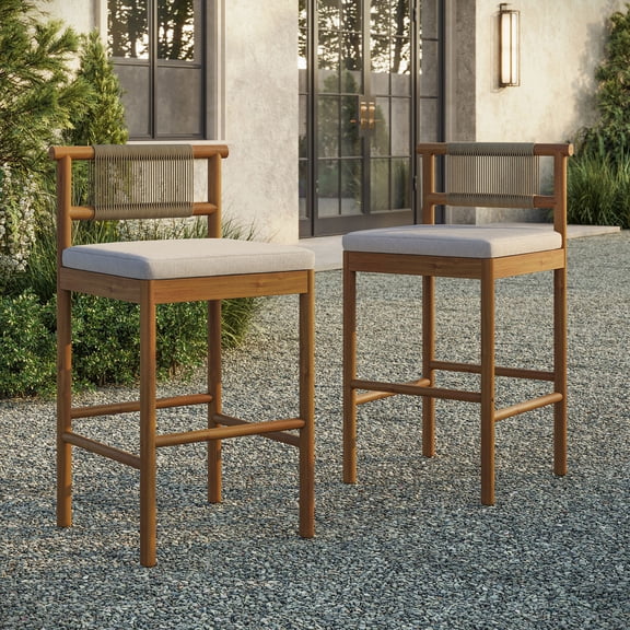 Eleni Outdoor Teak Wood Bar Stools Set of 2 in Natural Sail