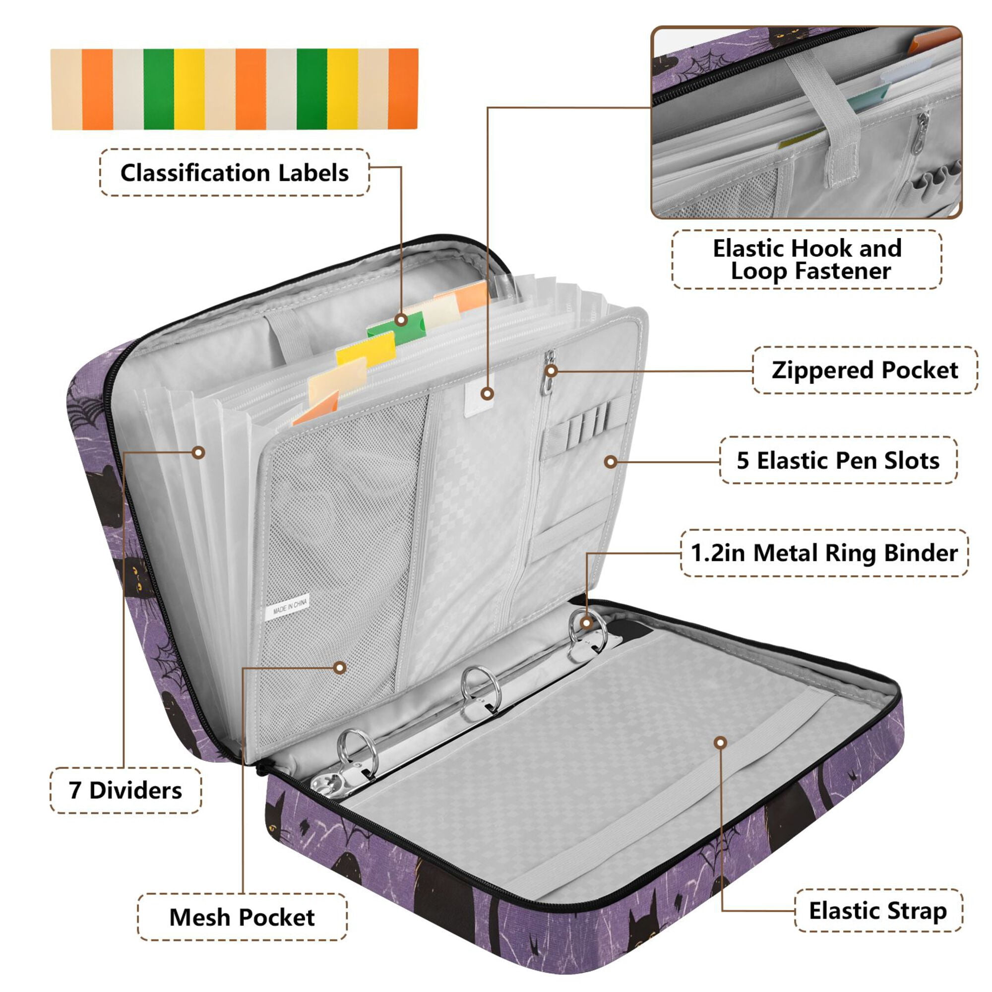 FORMRS Accordion File Folder A4 Size 7-Pocket Expanding Document Organizer Bag with 3 Ring Binder, Purple Halloween Black Cat