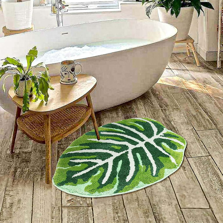 Cute Boho Long Bathroom Rugs Modern Velvet Non Slip Bathroom Runner Rug  Soft Machine Washable Green Leaf Bath Mat Abstract Tropical Plant Thower  Rug