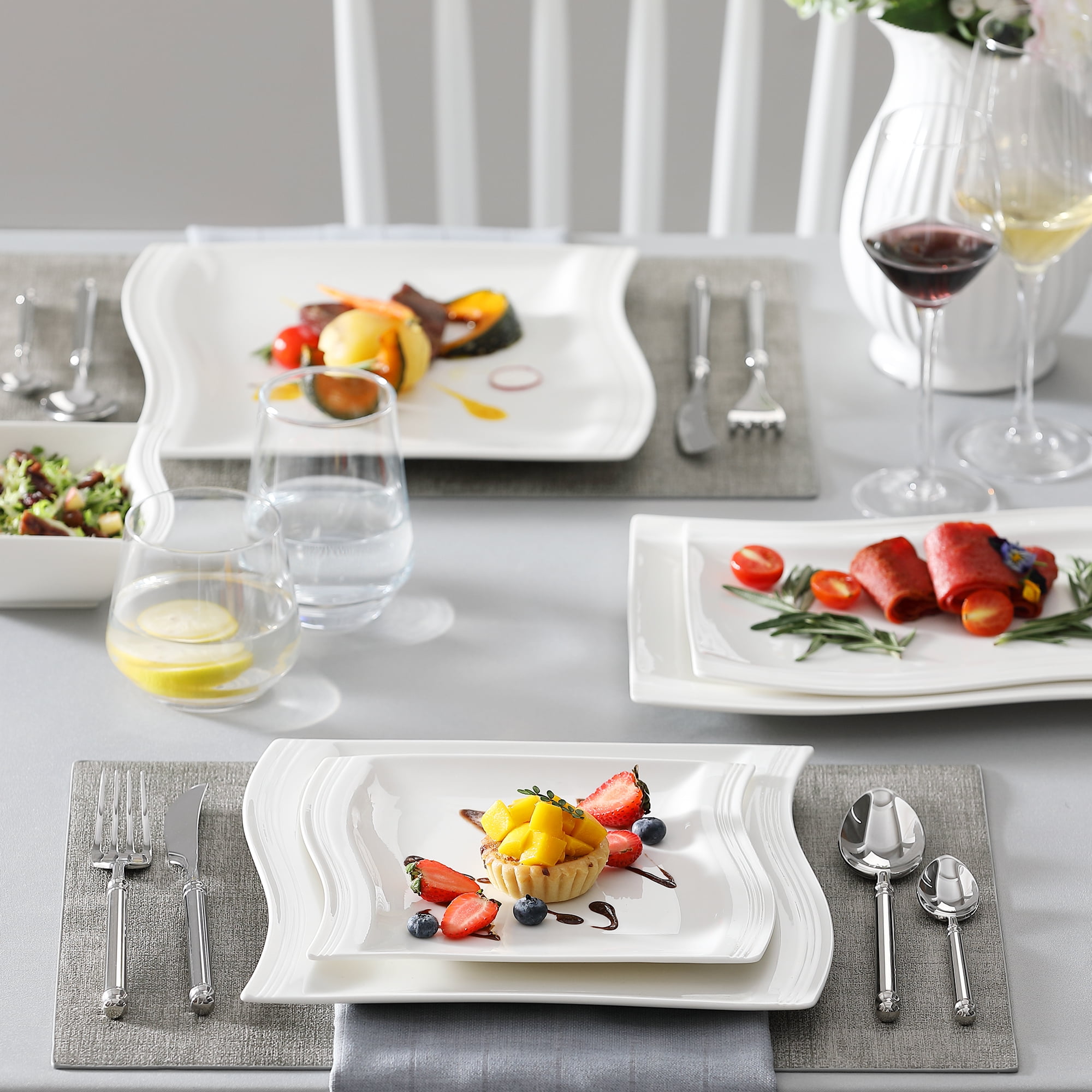 MALACASA Julia 6-Piece White Square Porcelain Dinner Plate Set Restaurant  Salad Fruit Beef Flat Plate Set (23.5 * 23.5 * 2cm)