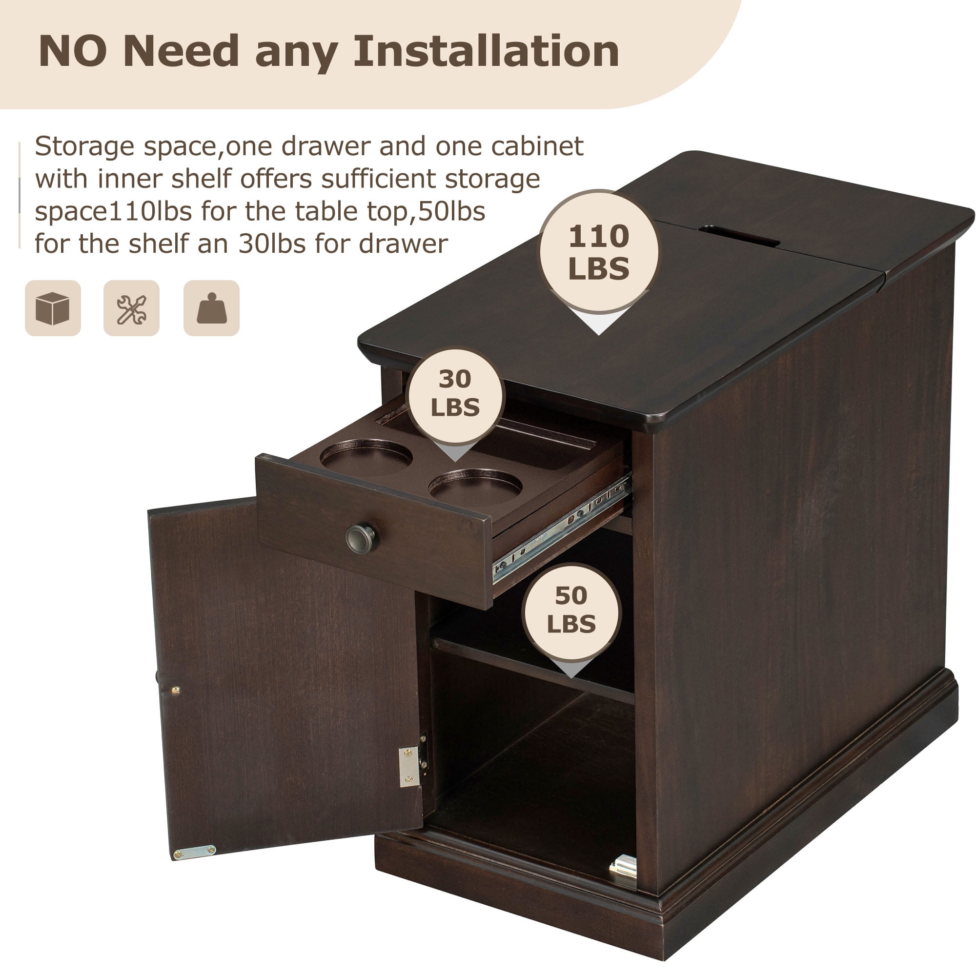 Modern End Table Side Table with USB Ports & Cup Holders,Accent Table Bedside Table for Small Spaces,Living Room,Bedroom,Espresso