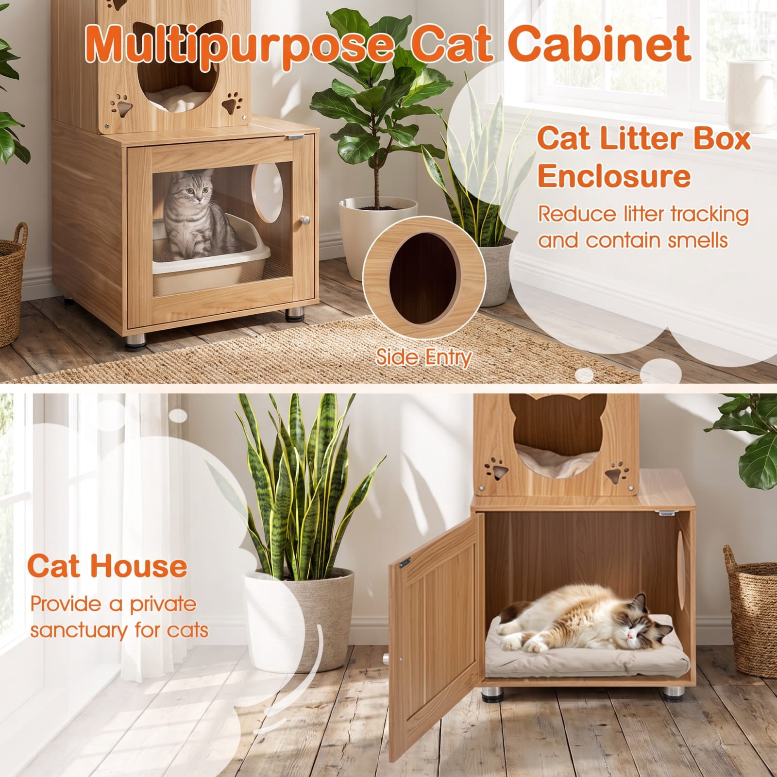 Vebreda Floor-to-Ceiling Cat Tree with Hidden Litter Box Enclosure, Adjustable Cat Tower with Condo, Sisal Scratching Posts, 101-108.5 Inch, Brown