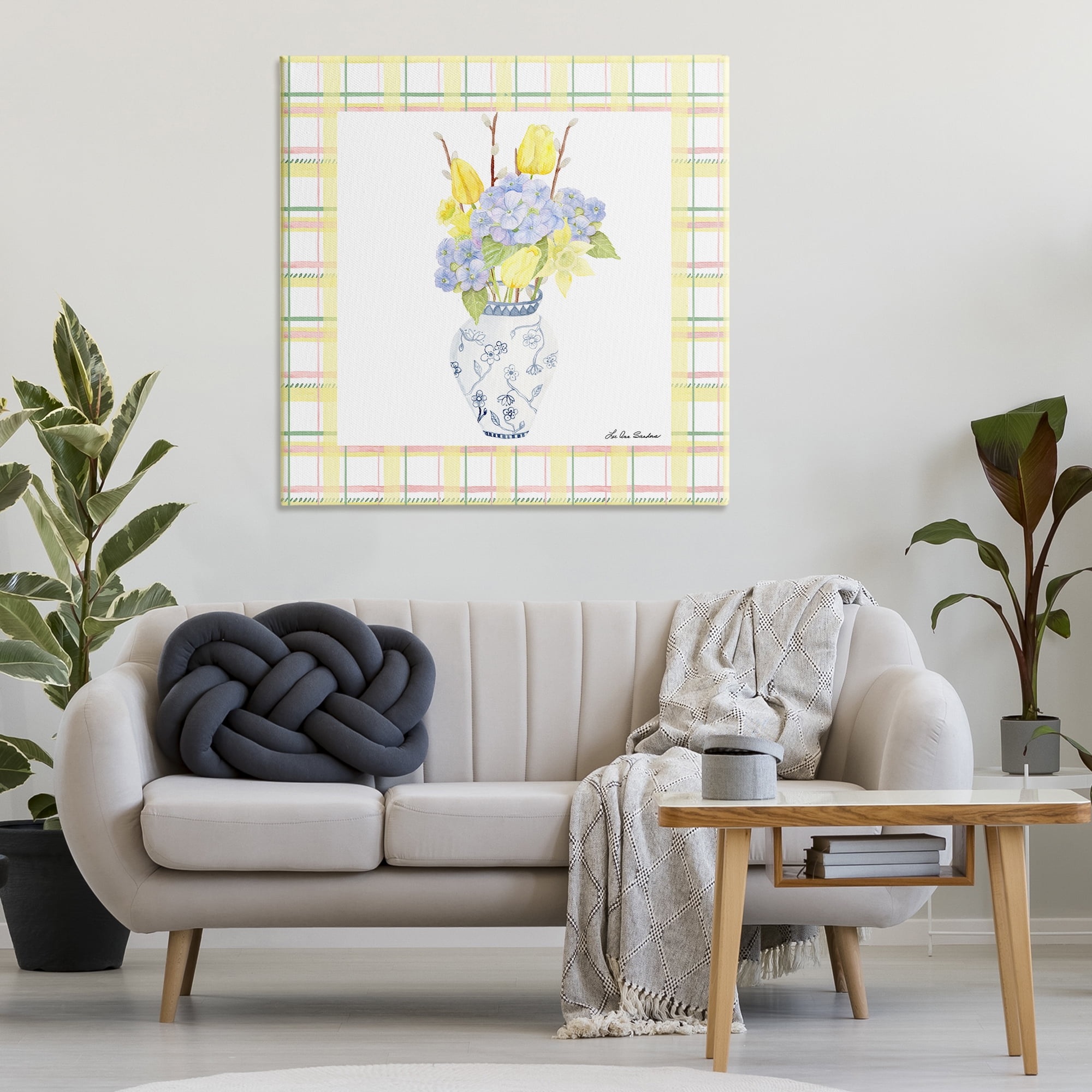 Spring Vase on Yellow Plaid Canvas Wall Art, design by Lee Ann Sanders