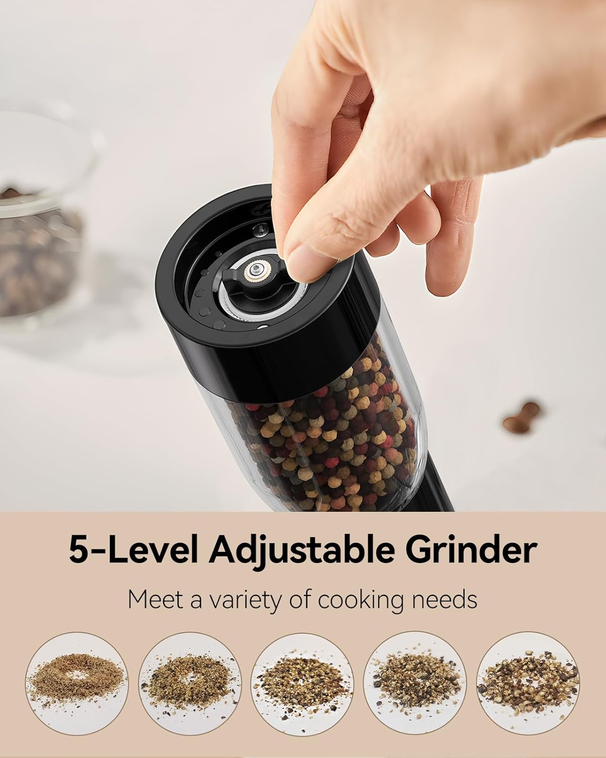 Tomeem Electric Salt and Pepper Grinder Set with LED Power Indicator, Type-C Rechargeable,  5 Adjustable Coarseness, 2 Pack