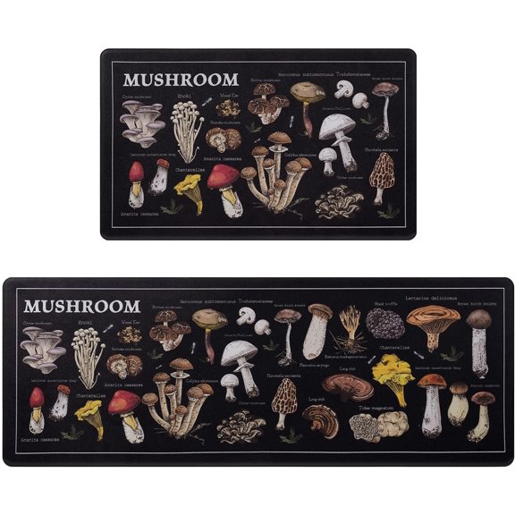 Mushrooms Kitchen Mat Set Anti Fatigue 2 Piece, Non-Skid Waterproof Kitchen Mats and Rugs Cushioned, Washable Black Kitchen Rug Floor Comfort Mats for Kitchen Home, 48" x 18"   30" x 18"