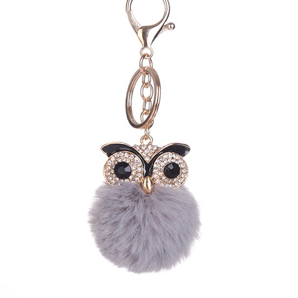 MAYUJIAA Fuzzy Accessory Faux Fur Owl Bird Key Ring Alloy Keychain with Rhinestones (Grey) SS311-1057