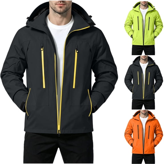 Sevevn Men Rain Jacket Hooded Regular Fit Waterproof Mesh Lined Fabric Dual Chest Zip Pockets Side Zip Pockets Neon Zipper Trim Cuffs For Hiking Wear