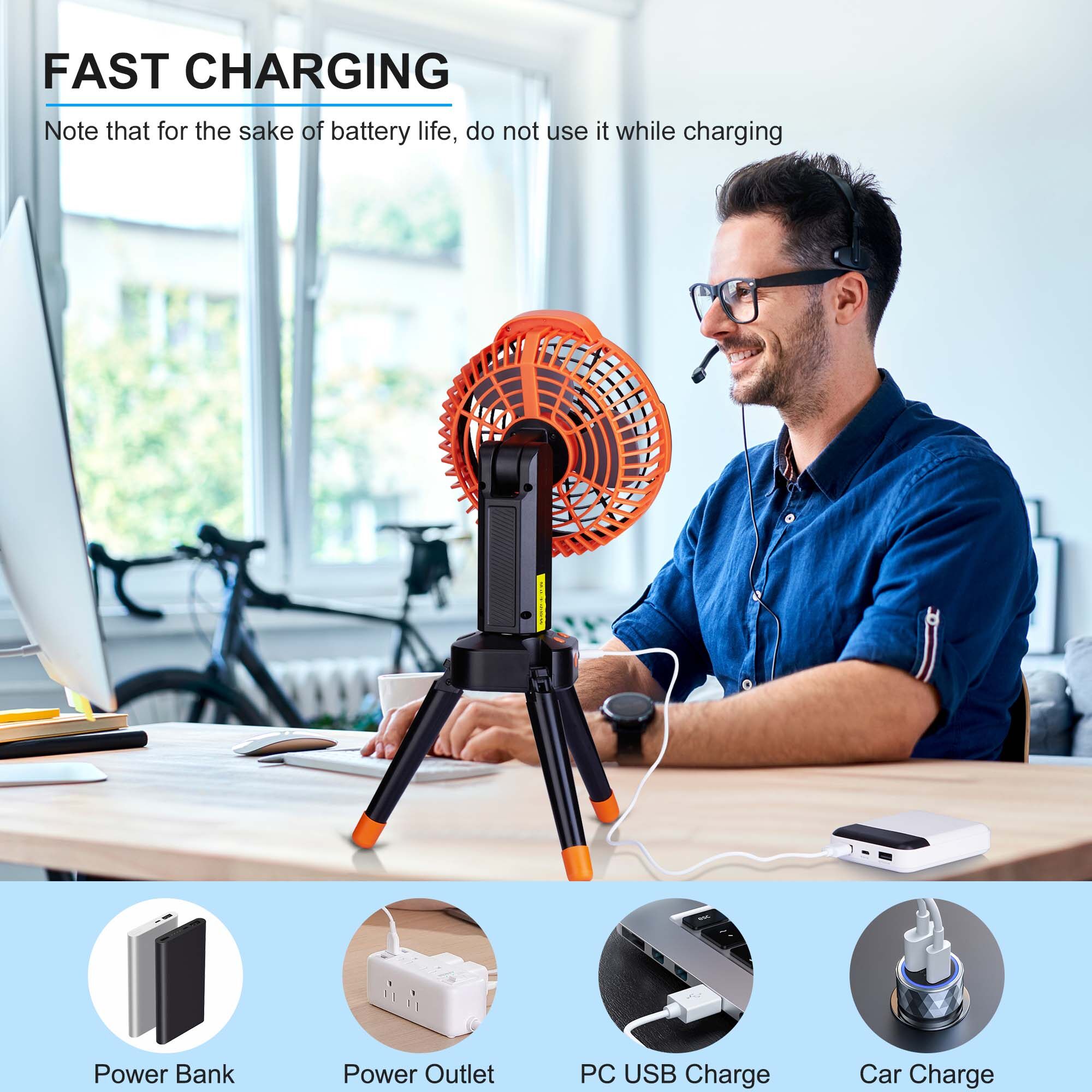 Portable Camping Fan, Rechargeable Outdoor Fans, 7800mAh Battery Desk Fan with LED Light, 270 Rotation, for Office,Bedroom,Outside