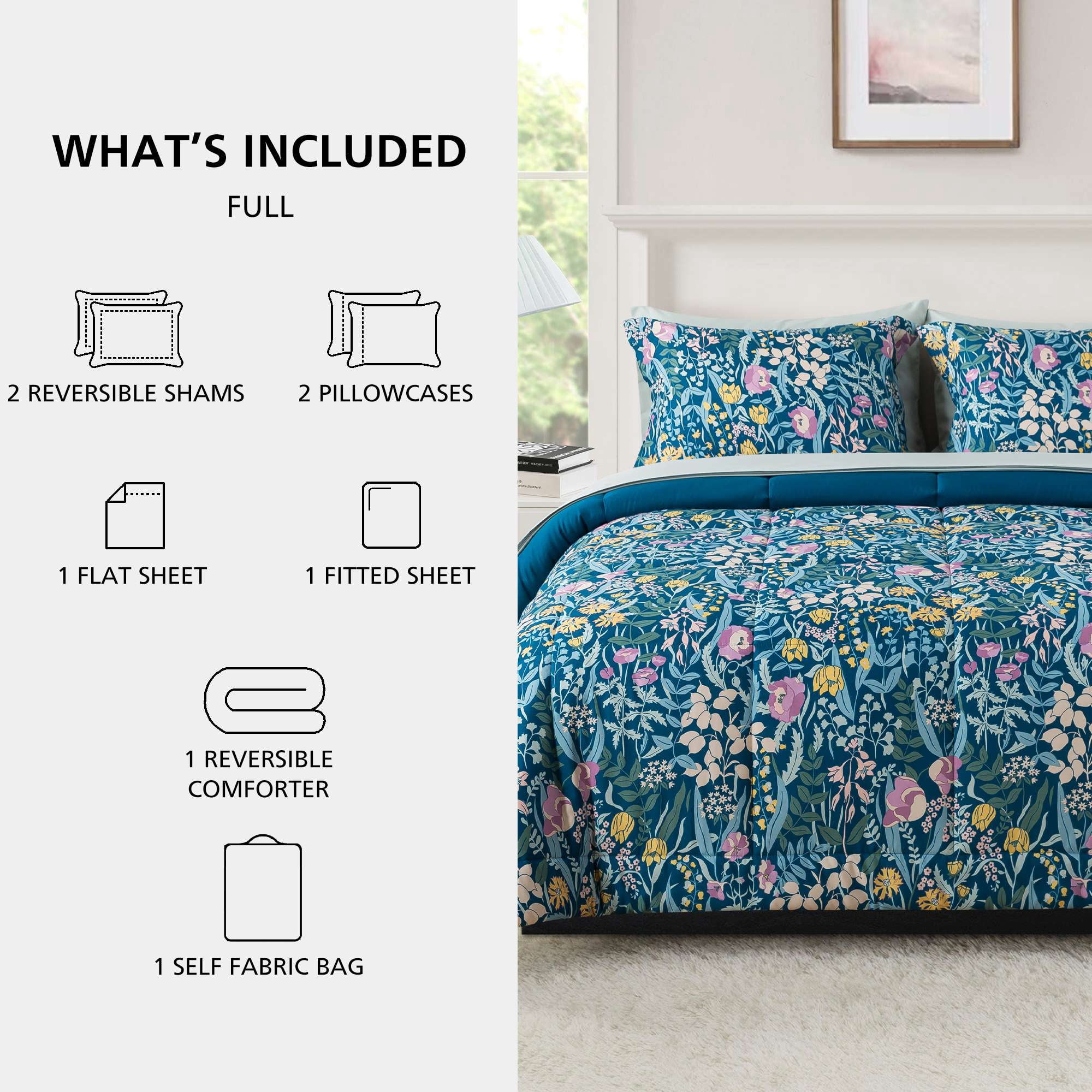Mainstays Reversible Bed-in-a-Bag Comforter and Sheet Set, 7-Piece, Full, Blue Floral