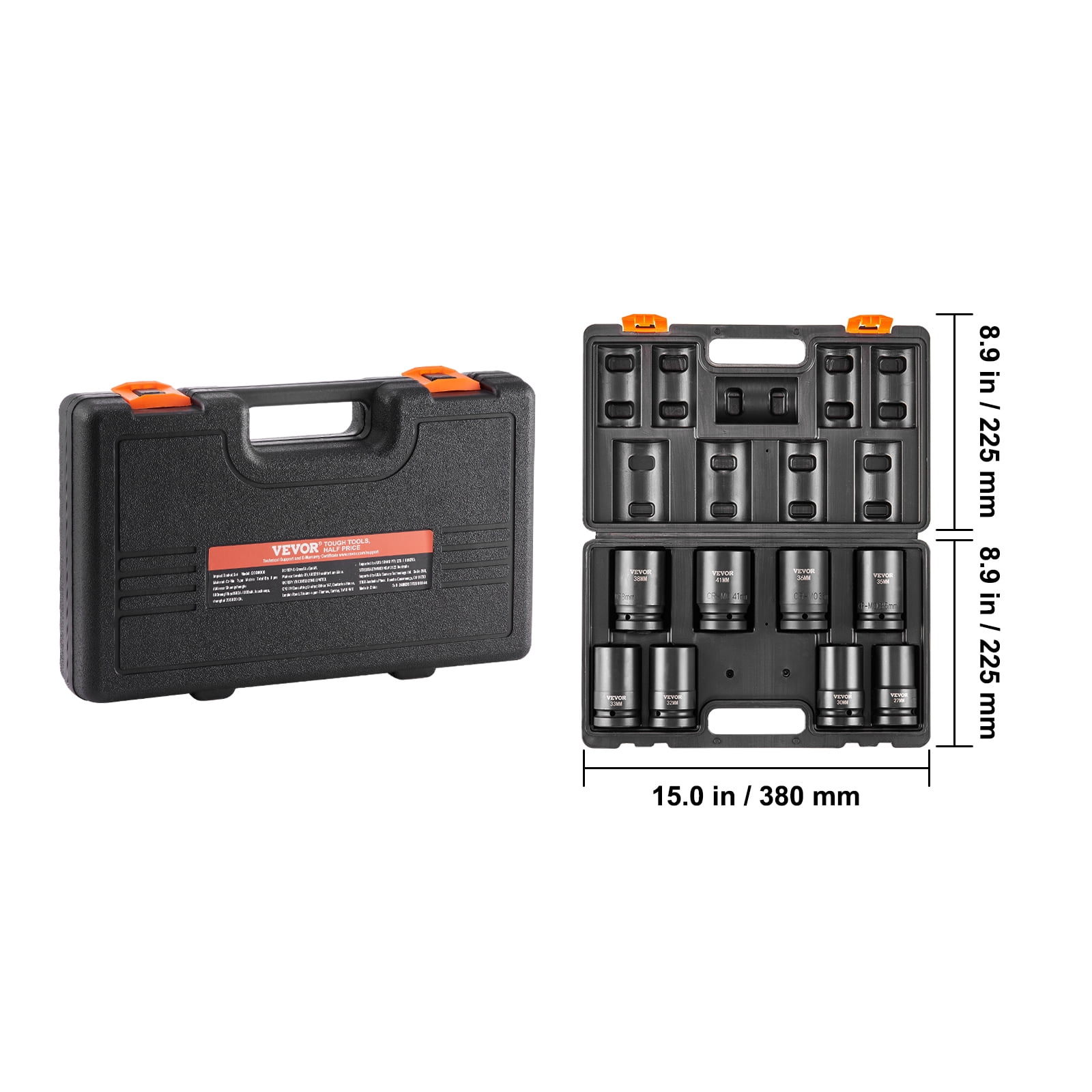 VEVOR 1" Drive Impact Socket Set, 8 Piece Deep Socket Set Metric 27-41mm, 6 Point Cr-Mo Alloy Steel for Auto Repair, Easy-to-Read Size Markings, Rugged Construction, Includes Storage Case
