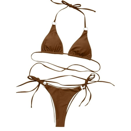 Arnsht 2 Piece Bathing Suits for Women Criss Cross Cut Out Swimsuit Soft Comfort Breathable Triangle High Waisted Cheeky Bikini Set Coffee XL
