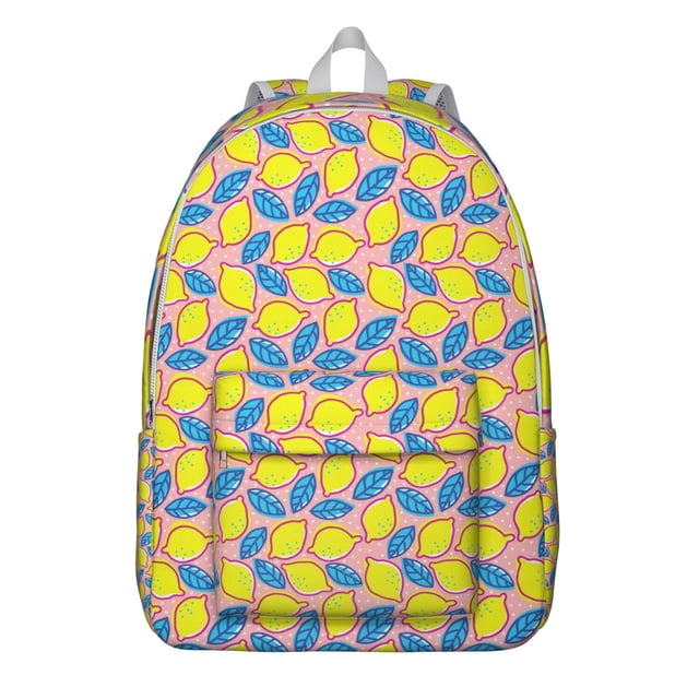 Yellow Citrus Fruit Print School Backpack, Cute Lemon Pattern Daypack with Fresh Summer and Retro Floral Style
