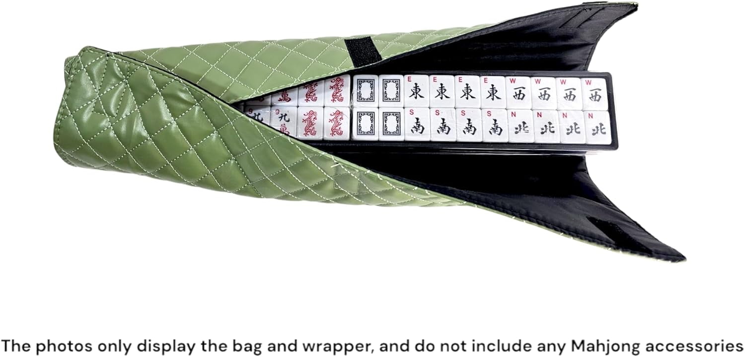 American Mahjong Set “Green - Quilted PU Leather Carrying Bag with Shoulder Strap & Handles, All-in-One Tile Racks with Pushers, 166 Engraved Tiles, Dice, Bettor, Extra Tiles & Instructions