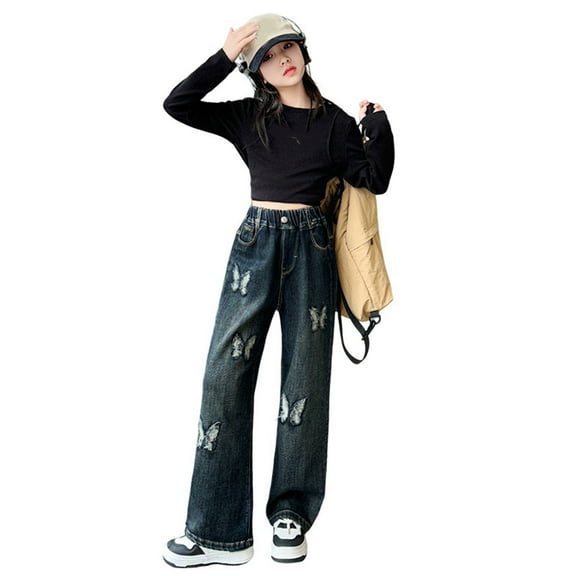 Gunia Baggy Jeans For Girls Kids Elastic Waist Wide Leg Trousers Toddler Teen Girl Denim Pants 3-14 Years