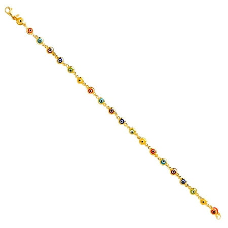 Solid 14k Yellow Italian Gold Rainbow Multi Color Evil Eye Bracelet Round Domed High Polish Links Chain 7 inch.