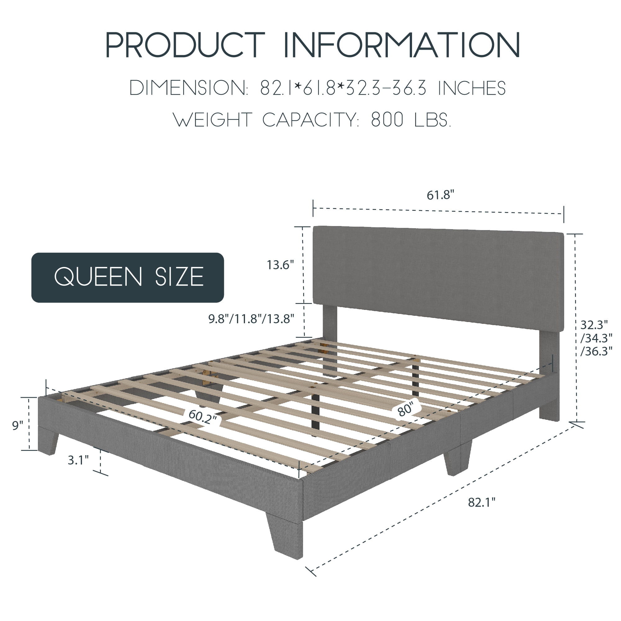 Einfach Queen Size Grey Fabric Upholstered Bed Frame with Adjustable Headboard, No Box Spring Needed, Low