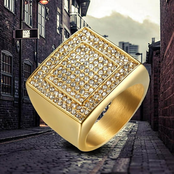 Hip Hop Men's Iced Out Cubic Zirconia Large Square Rings 14K Yellow Gold Big CZ Cool Male Ring Party Jewelry