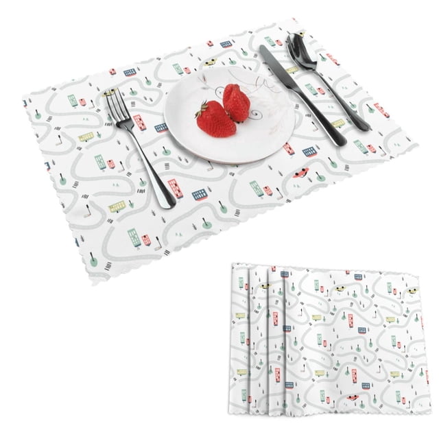 DouZhe Ensemble de 4 Sets de Table en Polyester, Motif Voitures et Routes Dessin Animé Résistants à la Chaleur pour Table à Manger, 12 Pouces x 18 Pouces