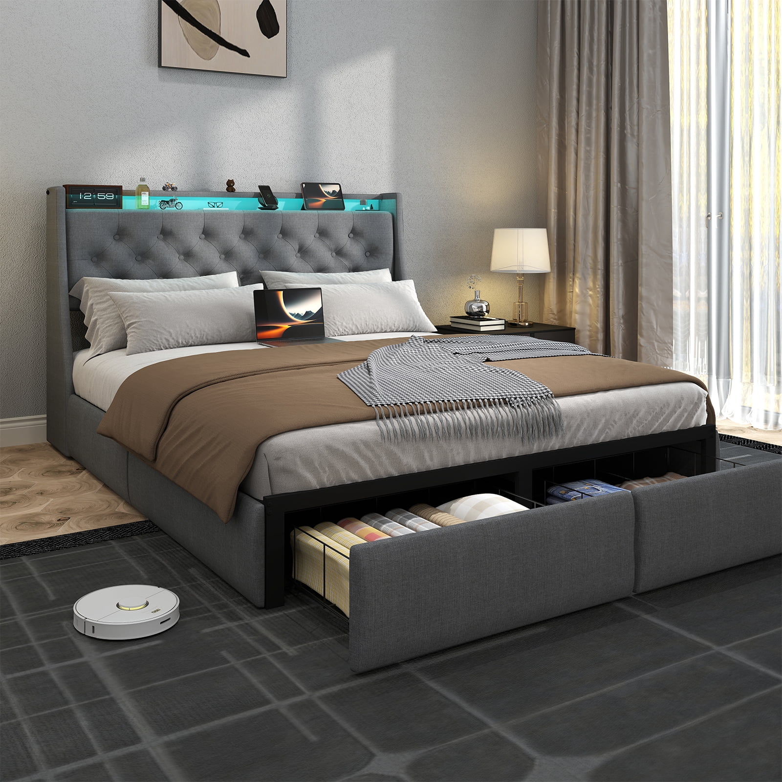 Mintazer Full Size Tufted Upholstered Storage Bed Frame with LED Light & Charging Station, Platform Bed Frame with 2 Foot Drawers, No Box Spring Required, Grey