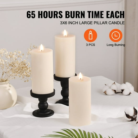 3 Unscented Pillar Candles in Christmas White - Extra Long Burning 65 Hours, Holiday Essential