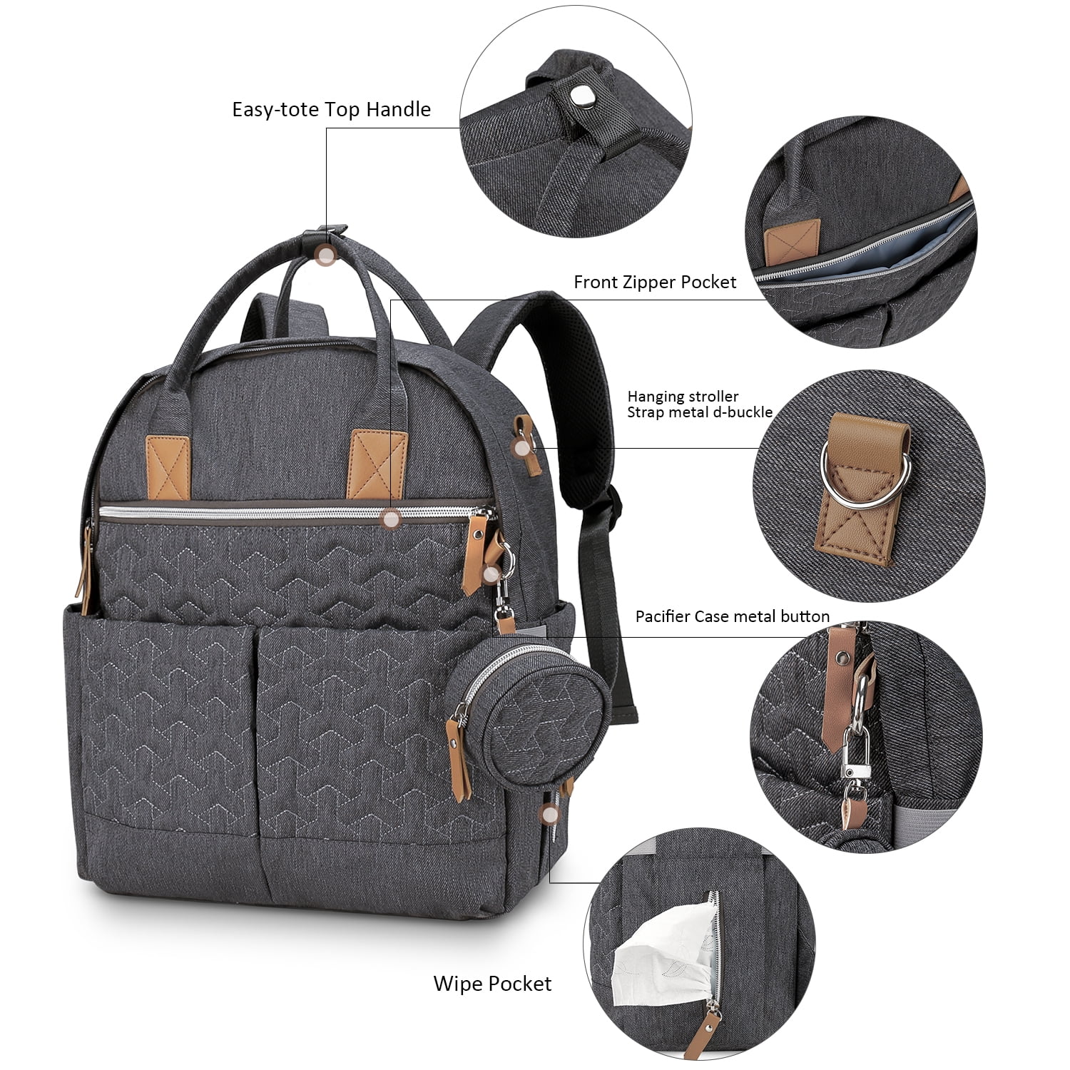 Diaper Bag Backpack with Pacifier Holder Smart Mommy Bag Stroller Organizer with Insulated Pocket&Stroller Strap