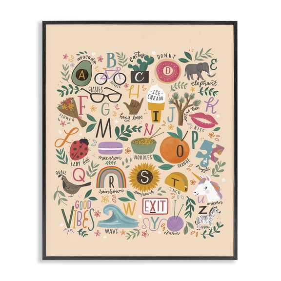 Stupell Industries Modern Whimsical Kid's Alphabet Playful ABC Illustrations Everyday Items Black Framed Giclee Art, 11 x 14, by Loni Harris